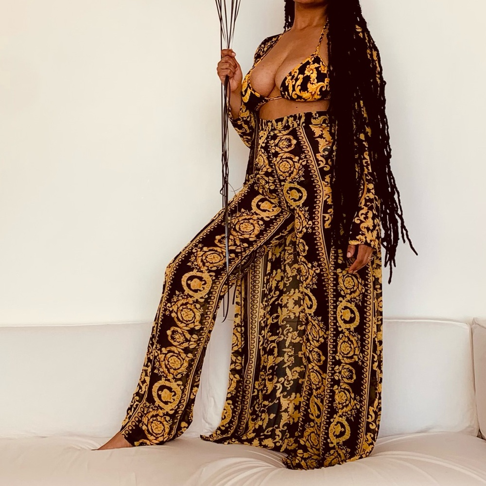 PrettyLittleThing Black and Gold 3 Piece Swim Set SZ 8-10 Coverup Beach Vacation